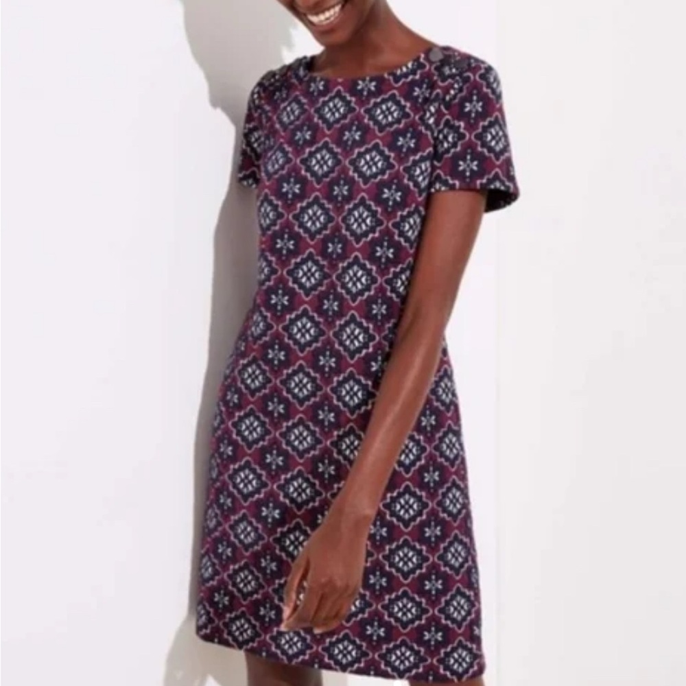 Loft Burgundy Navy Geometric Jacquard Shift Dress 2